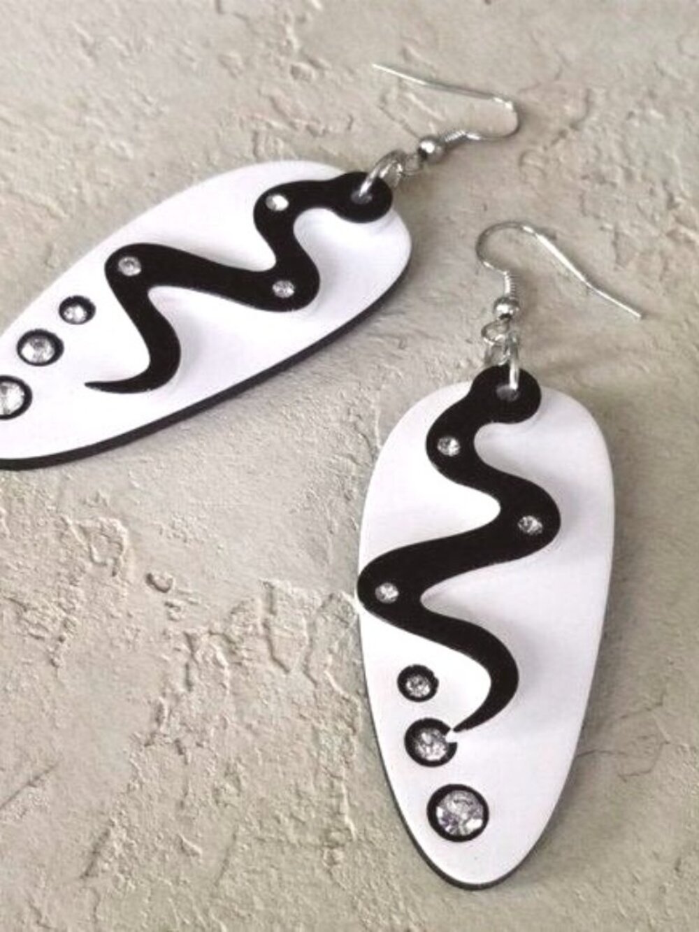 Retro Mid Century Style White Black Lucite Austrian Crystal Oval Snake Earrings